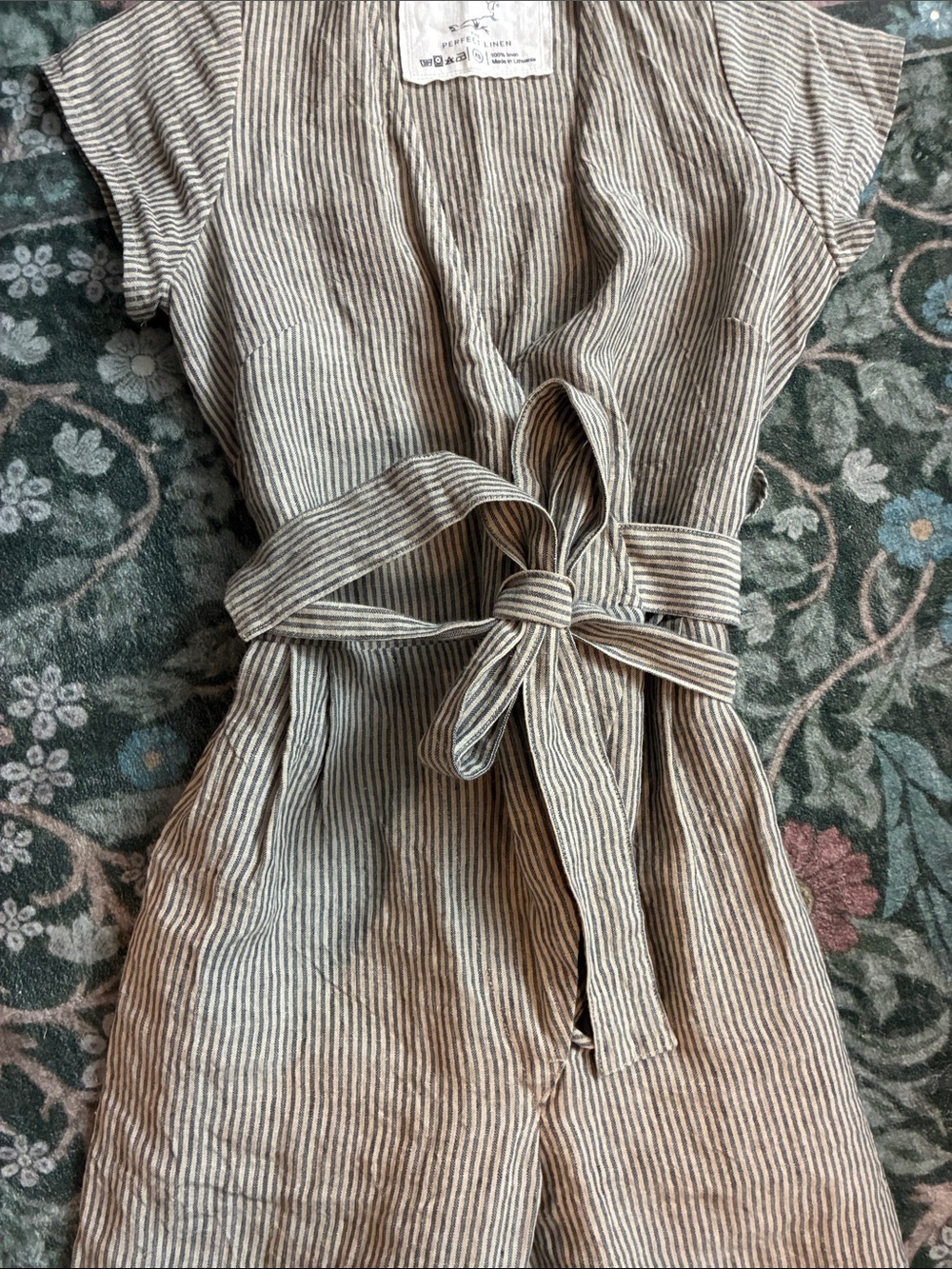 Not Perfect Linen MARGARET wrap linen jumpsuit: XS Color Natural/Grey Stripes - Picture 4 of 5